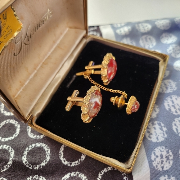 Krementz  Jasper red stones cufflinks set vintage #08 - Picture 3 of 4